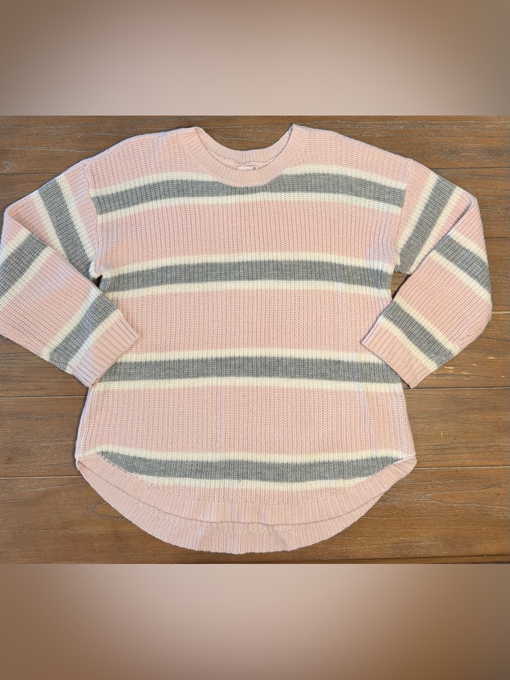 SO Pink Striped Crewneck Sweater with Gray & White Bands